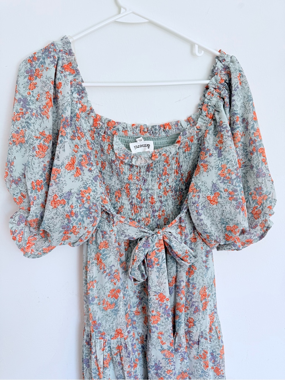 Floral Smocked Maxi Dress with Puff Sleeves - Light Blue and Orange - Picture 2 of 4